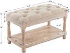 Farmhouse Storage Bench Wooden Entryway Linen Upholstered Ottoman Button Tufted Bench for Bedroom End of Bed Hallway Organizer, Beige, 32 Inch