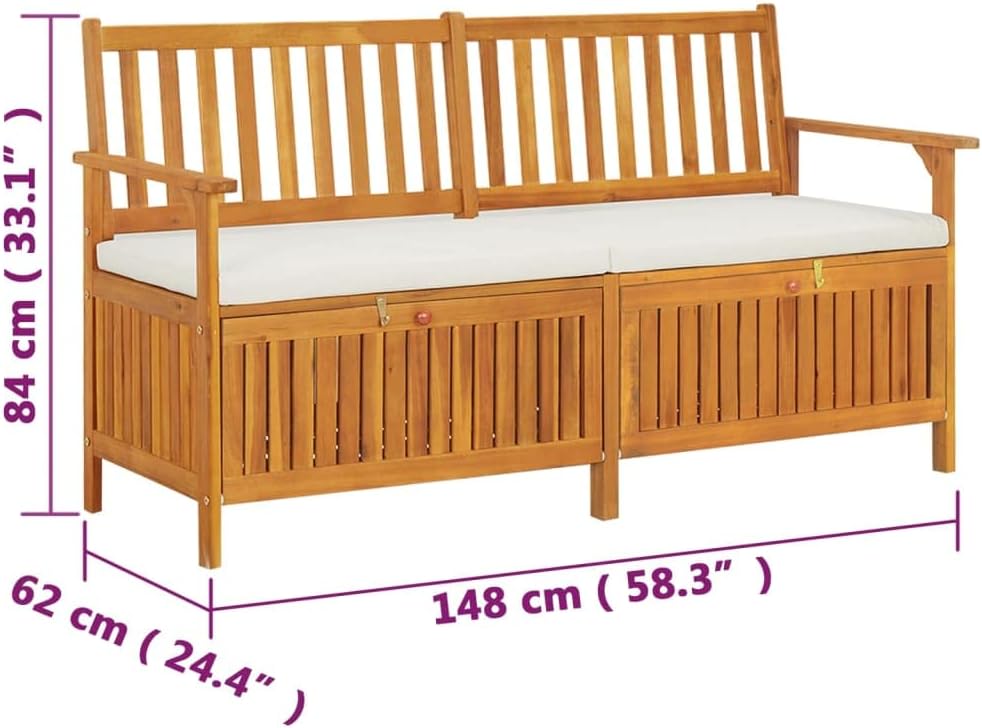Storage Bench with Cushion 58.3 Inch Solid Acacia Wood Durable Patio Furniture Outdoor Bench Seat for Garden Porch Front Porch Furniture