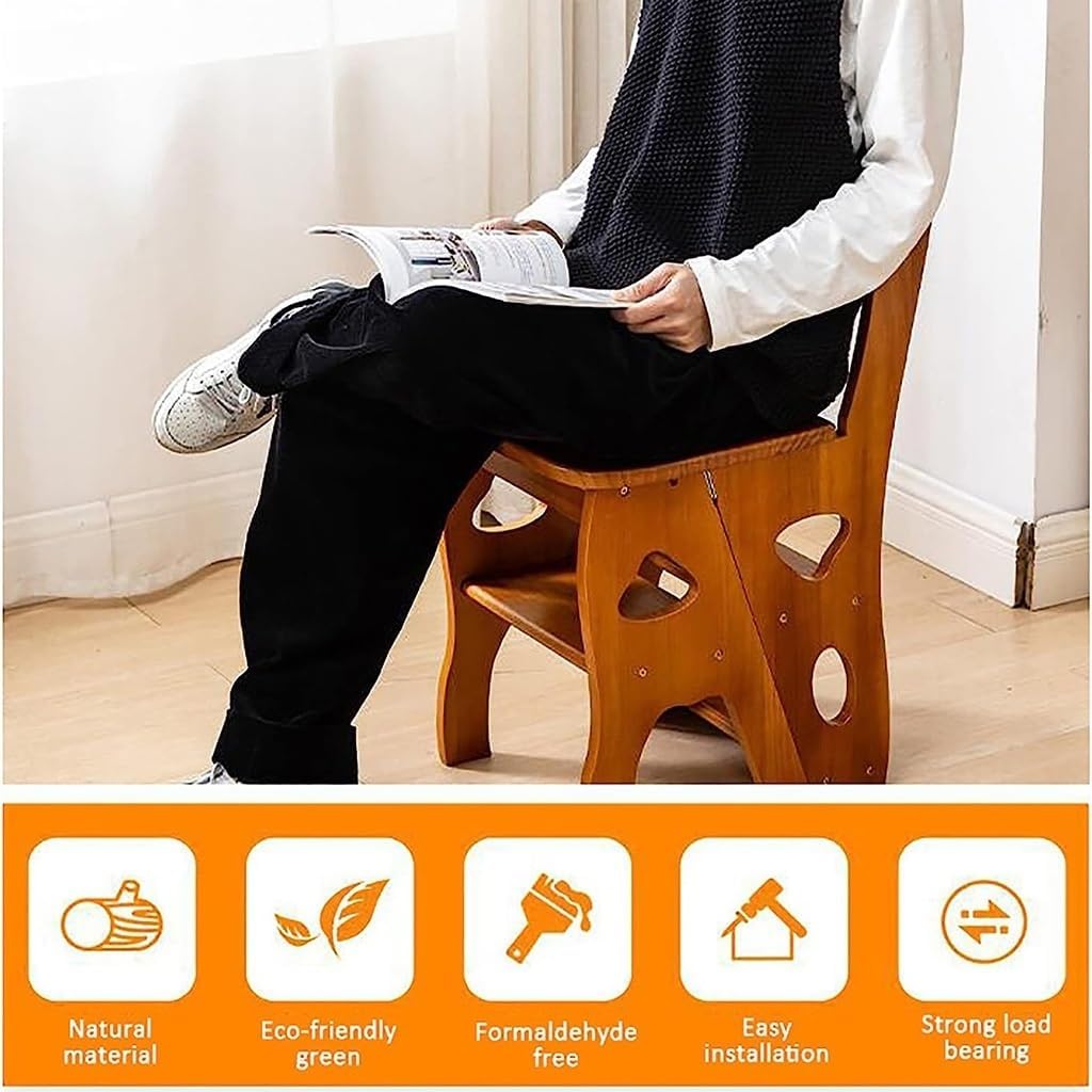 4 Step Wooden Folding Library Ladder Chair with Seat, Multifunctional Step Stool, Lightweight Portable Ladder Shelf, Stepladders Display Stand for Office Home Kitchen, Walnut