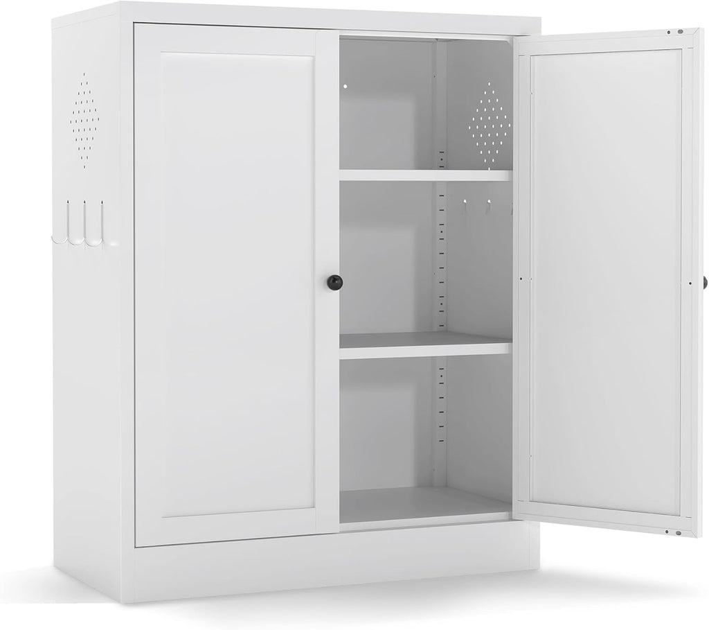 White Steel Pantry Cabinet with 2 Adjustable Shelves, Metal Storage Cabinets for Kitchen, Living Room, Bathroom, Heavy Duty Freestanding Utility Cabinet, Assembly Require