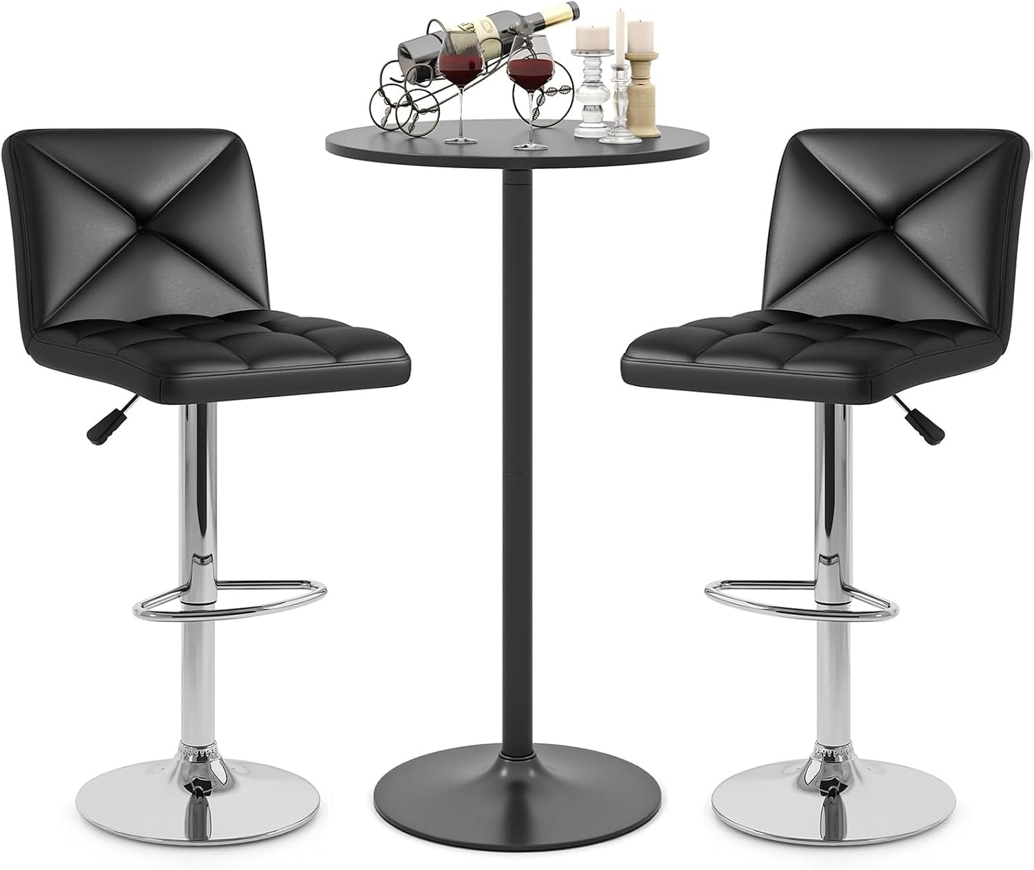 COSTWAY 3 Pieces Bar Table Set, Counter Height Table Set with 2 Bar Stools | Round Cocktail Table and PU Leather Adjustable Swivel Chairs, for Small Space, Kitchen, Office (Black+Black)