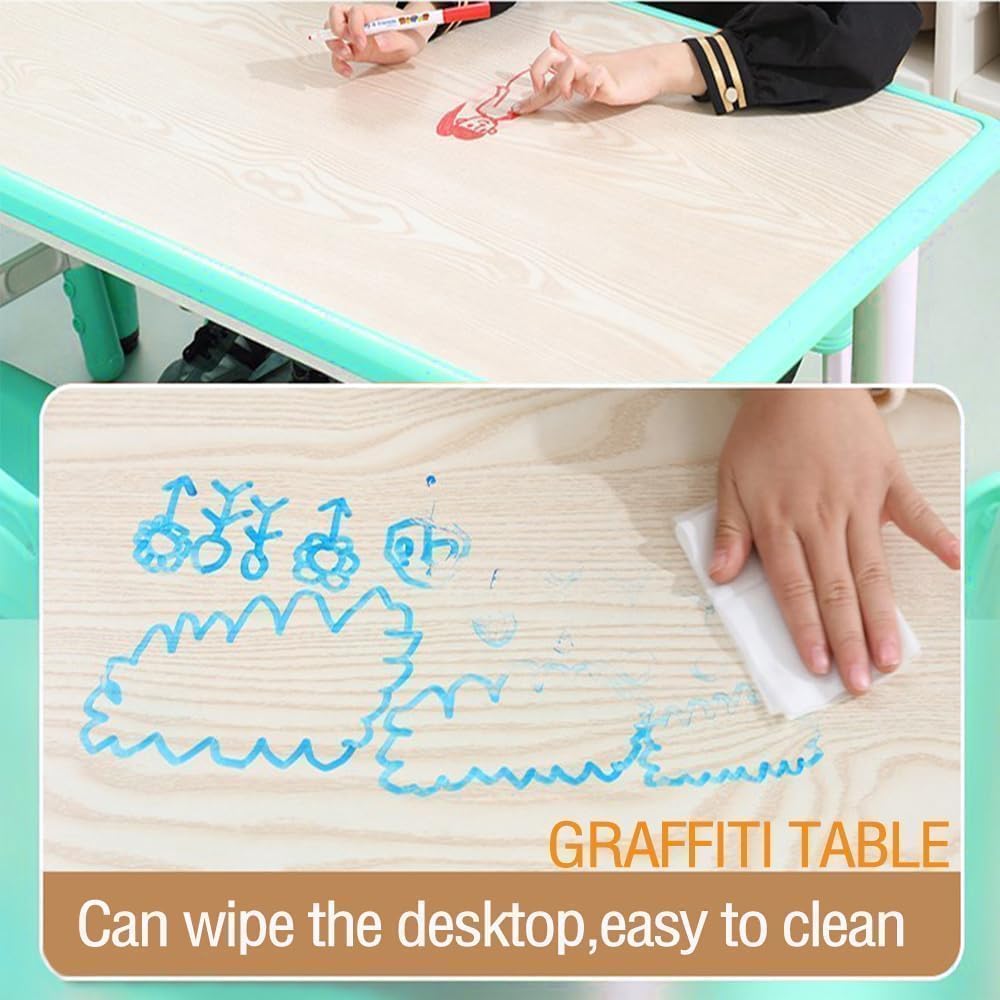 Memoryfield Kids Table and 6 Chairs Set, Height Adjustable Arts & Crafts Table with Graffiti Desktop, Non-Slip Legs,Ideal for Ages 2-10, Children's Multi-Activity for Classrooms, Daycares,Home