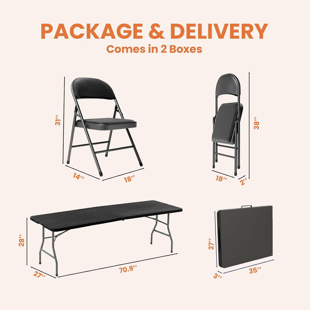 6FT Black Plastic Folding Table Set with 6 Black PU Padded Chairs | Portable Foldable Tables and Chairs for Parties Picnic Events Office Dining Outdoor Activities Home and Commercial Use