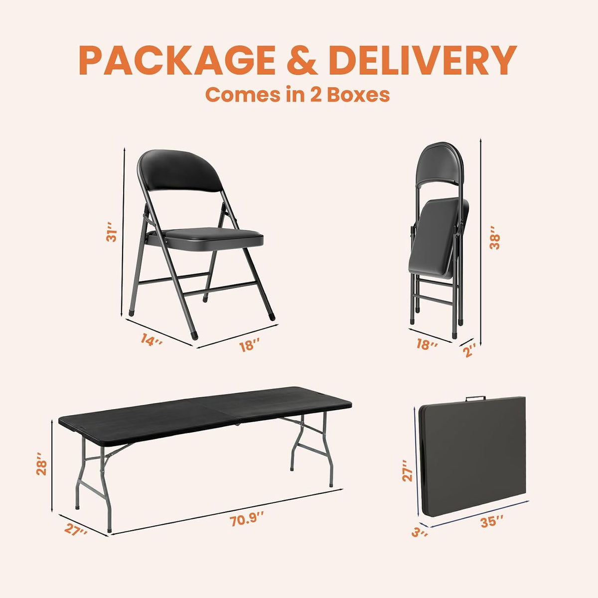 6FT Black Plastic Folding Table Set with 6 Black PU Padded Chairs | Portable Foldable Tables and Chairs for Parties Picnic Events Office Dining Outdoor Activities Home and Commercial Use