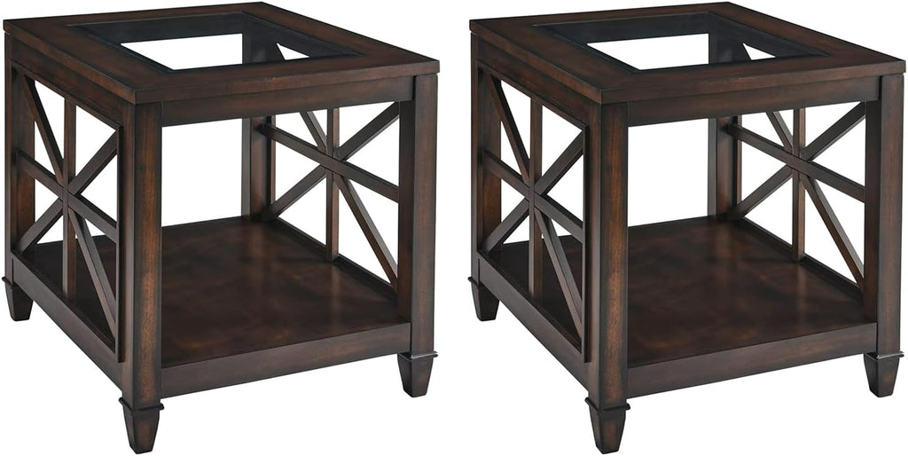 Set of 2 Solid Wood End Tables with Tempered Glass Top, 28" x 24" Large Farmhouse Side Table for Living Room, Bedroom & Office, Vintage Walnut