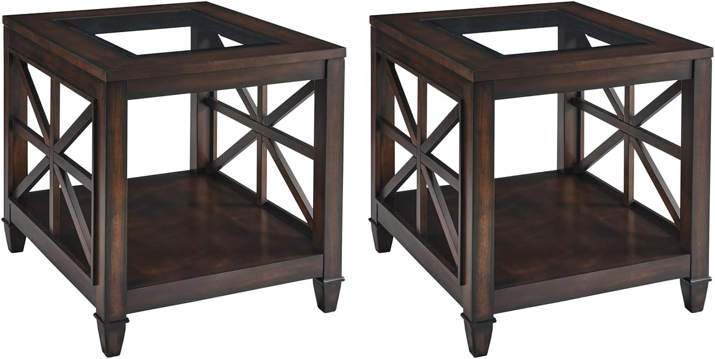 Set of 2 Solid Wood End Tables with Tempered Glass Top, 28" x 24" Large Farmhouse Side Table for Living Room, Bedroom & Office, Vintage Walnut