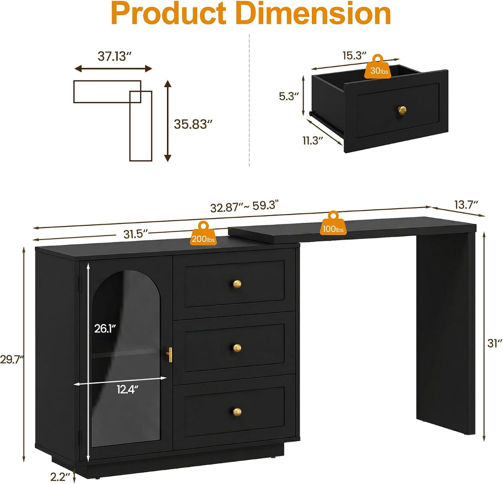 RoyalCraft 59" Makeup Vanity Desk, Black Vanity Dresser for Girls and Women | Modern Dressing Table with 3 Drawers & 1 Door, Vanity for Bedroom, L Sharped Corner Table No Mirror