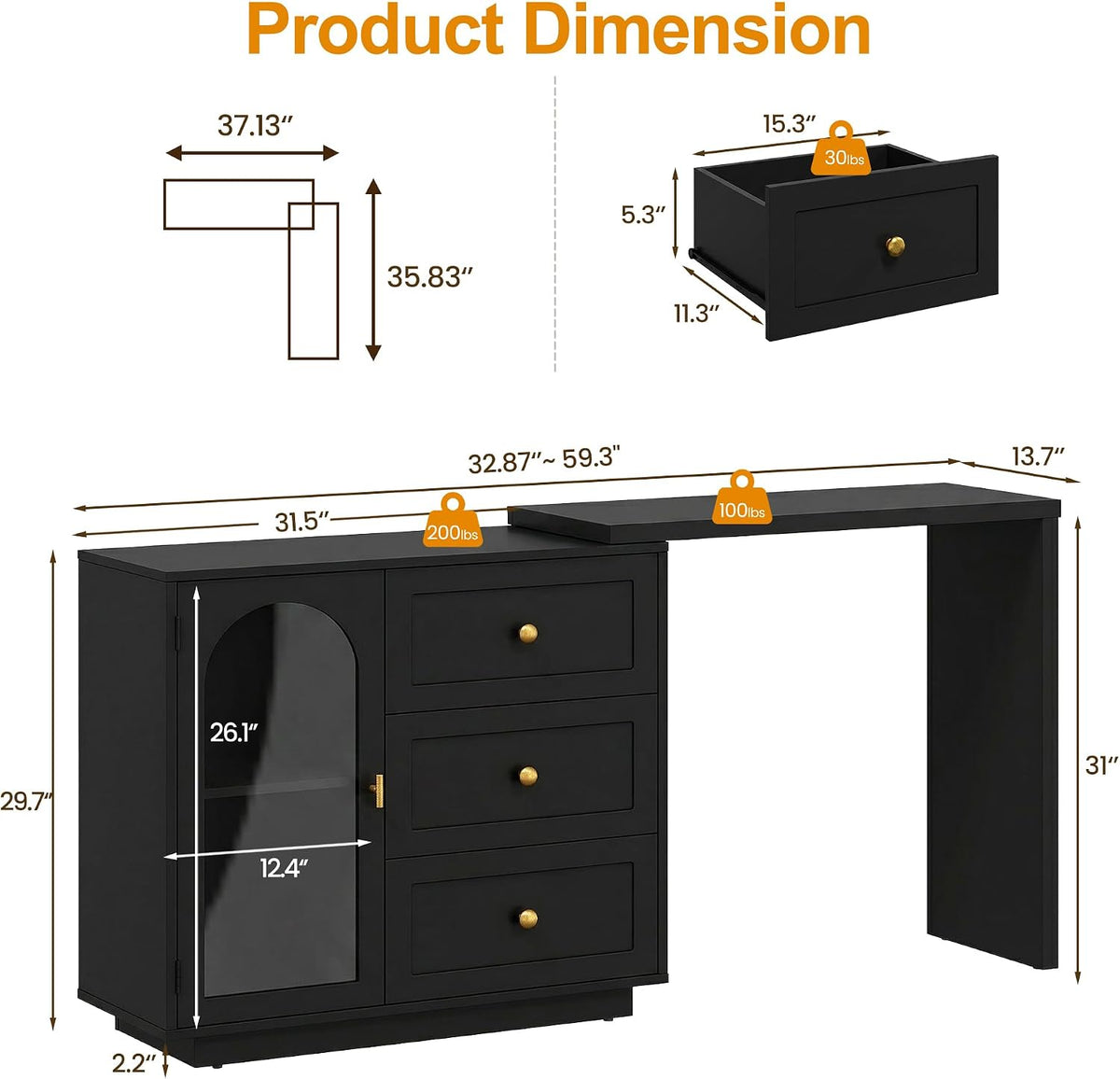 RoyalCraft 59" Makeup Vanity Desk, Black Vanity Dresser for Girls and Women | Modern Dressing Table with 3 Drawers & 1 Door, Vanity for Bedroom, L Sharped Corner Table No Mirror