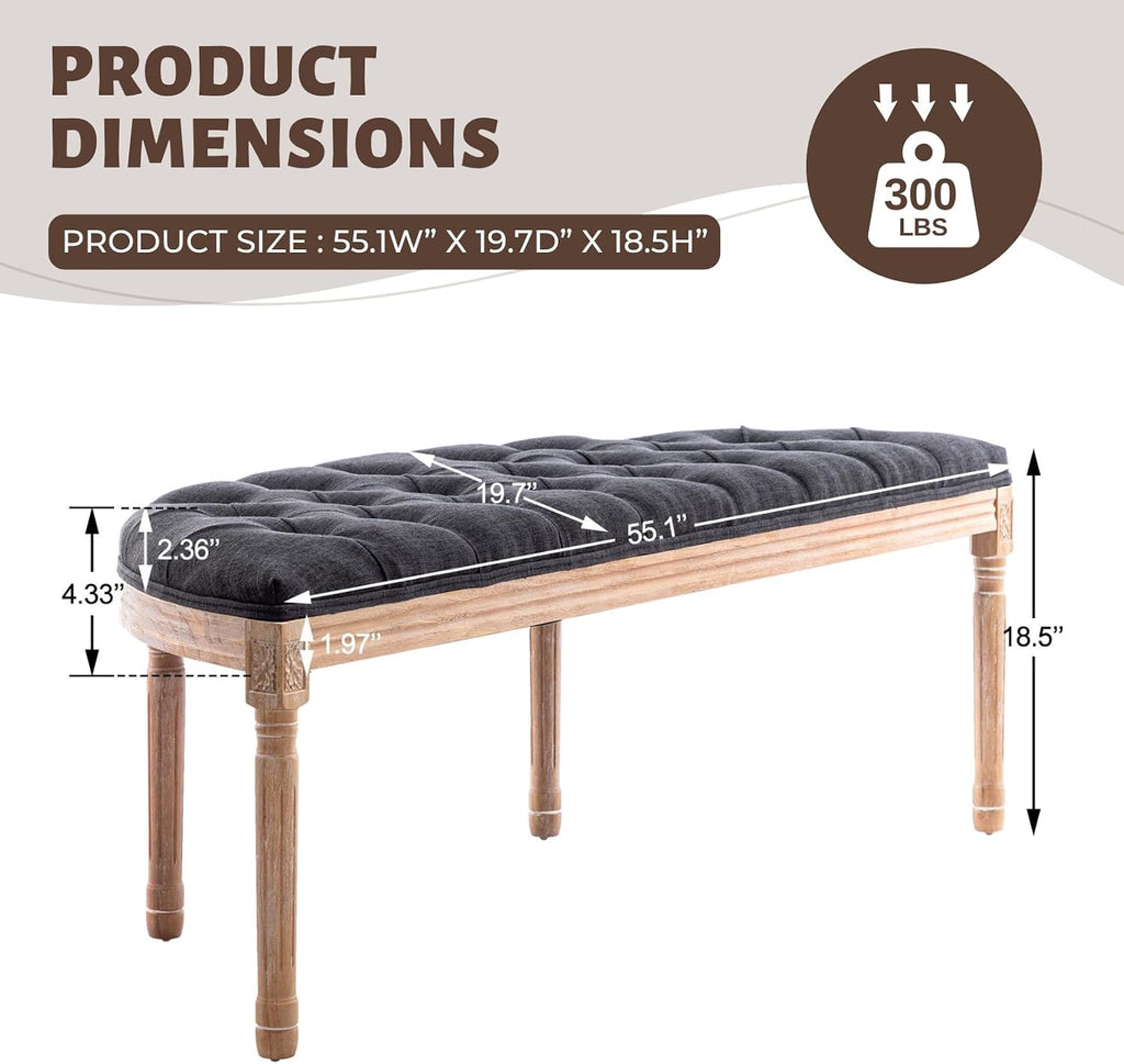 chairus 55" Button Tufted Semi-Circle Dining Bench Linen Halfmoon Entryway Bench Comfy Upholstered Bench Seat for Bay Window/Bedroom End of Bed/Living Room/Indoor, Charcoal Black