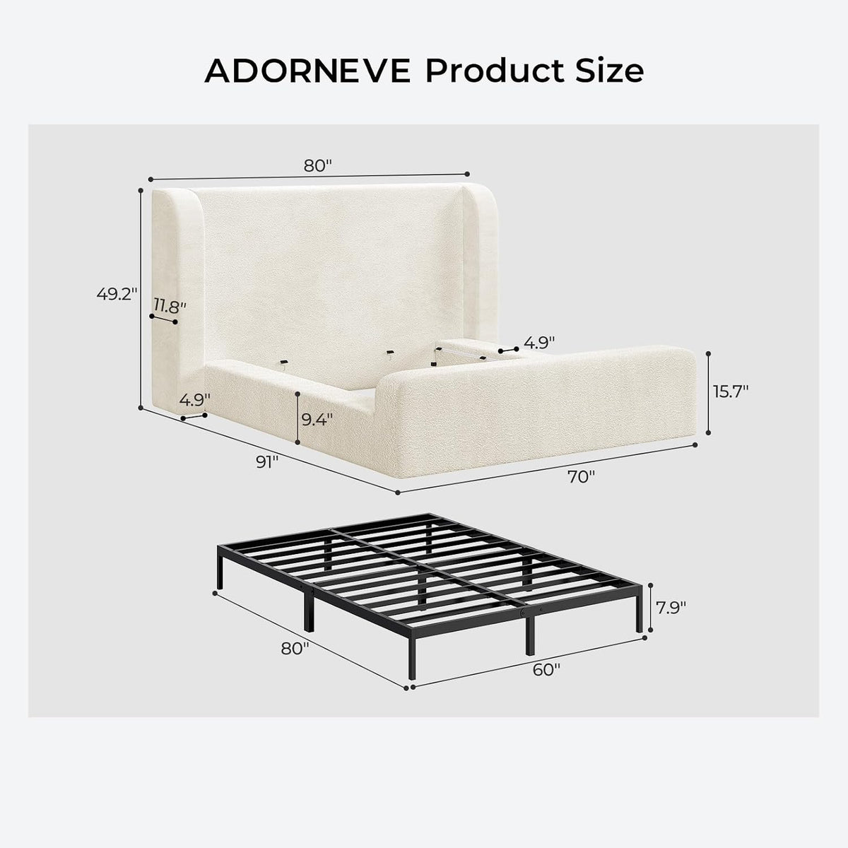 ADORNEVE Cloud Bed Frame Queen with 49.2” Tall Wingback Headboard, Beige
