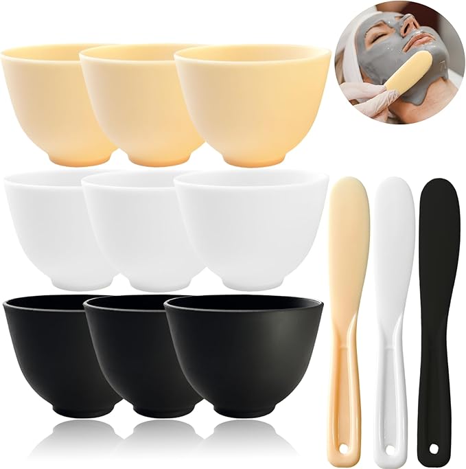 12Pcs Silicone Facial Mask Bowl DIY Face Mask Mixing Bowl for Home Salon Spa Face Skin Applicator Bowl with Stir Sticks, Black,White,Yellow