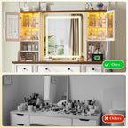 EnHomee Vanity Desk with Mirror and Lights, 43" White Makeup Vanity Desk with 5 Drawers & 2 RGB Glass Cabinets, Adjustable 3 LED Lights for Bedroom, Farmhouse Dressing Table for Women