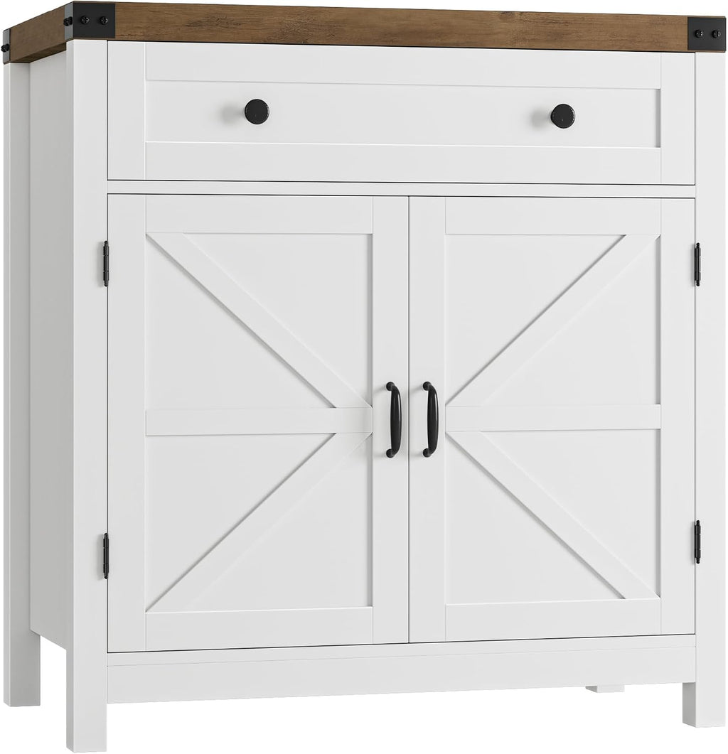 HOSTACK 31.5"W Kitchen Storage Cabinet, Farmhouse Coffee Bar Cabinet, White | Small Buffet Cabinet with Doors & Wide Drawer, Wood Sideboard Buffet, Entry Table w/ Adjustable Shelf for Dining Living Room