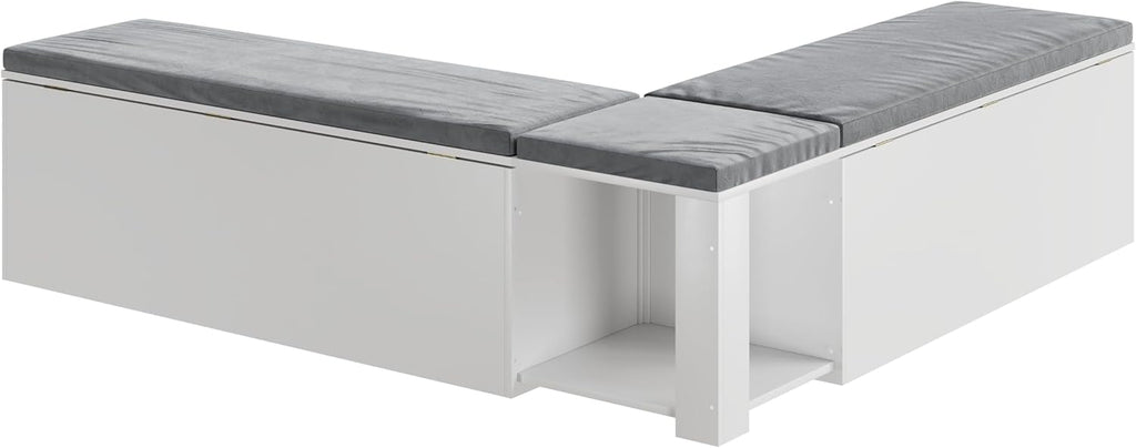 Mekminop Kitchen Breakfast Nook Bench, Backless Wood Corner Bench with Cushion Seat, L Shape Dining Bench with Hidden Storage Space, White