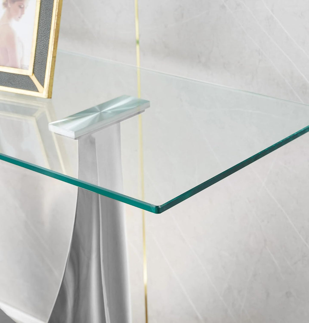 Luxury Silver Glass Console Table, Modern 47" Rectangle Entryway Table with Mirrored U-Shape Stainless Steel Base, Clear Glass Sofa Tables Behind The Couch Hallway Tables for Living Room