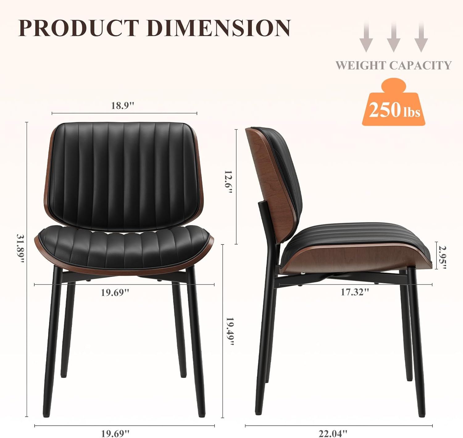 MALOL Leather Dining Chairs Set of 2, Modern Upholstered Dining Room Kitchen Chairs with Metal Legs and Wooden Back Support for Home Dining Room/Restaurant, Black