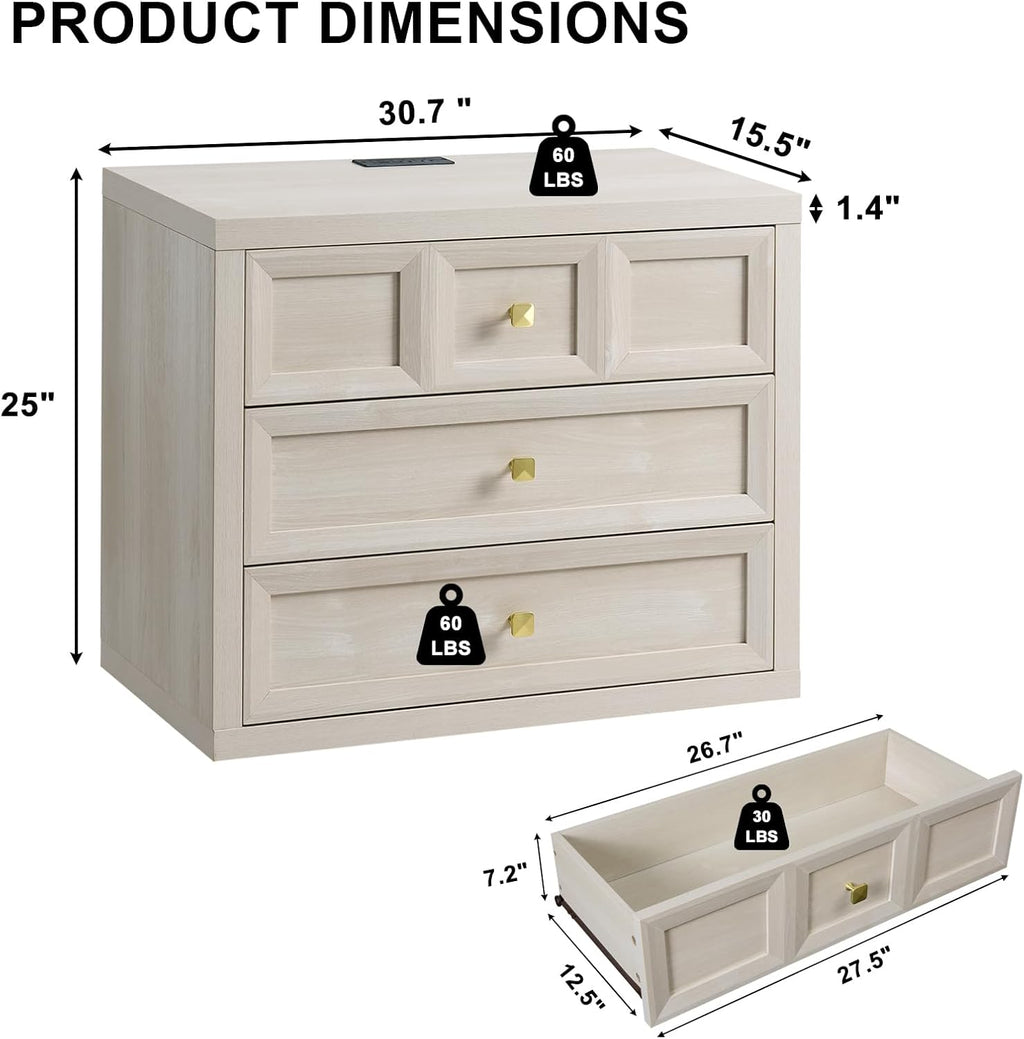 Nightstand Set of 2 W/Charging Station, 30.7" W King Size Bedside Table with 3 Drawers, Accent End Table W/Large Storage, Modern Wood Side Table for Bedroom,Office, Beige