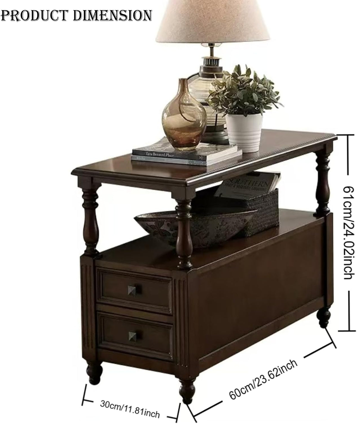 YUNMUARY-Solid Wood End Table with 2 Drawer Mid-Century Nightstand Narrow Side Tables with Storage Dark Walnut Side Tables for Living Room Small Space Sofa Side Table,Easy Assembly