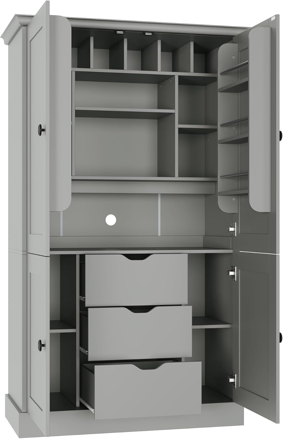 Freestanding Kitchen Pantry,Tall Storage Workstation with 4 Doors, 6 Door Shelves, Removable Shelves and 6 Wine Racks for Dining Room (Grey-FK)