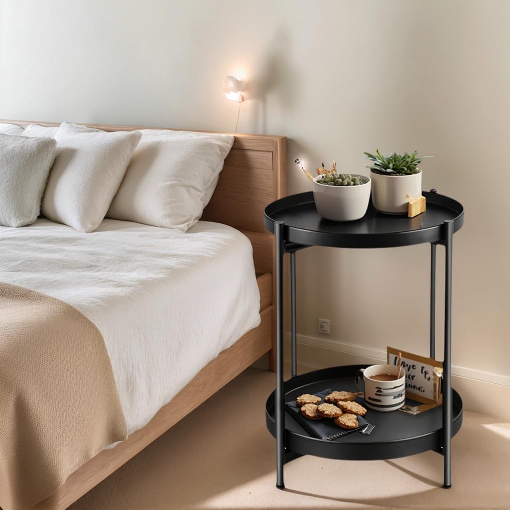 Foldable 2-Tier Round Side Table, Metal End Table with Storage for Indoor Outdoor Use, Small Coffee Table for Living Room, Bedroom, Patio, Black