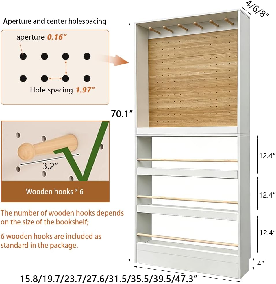 70.1" Tall Behind-The-Door Bookshelf - Open-Shelf Wooden Floor Bookcase with Perforated Board | 4/6/8 Inch, Multi-Purpose Display Storage Organizer White-Wood 31.5×4×70.1"