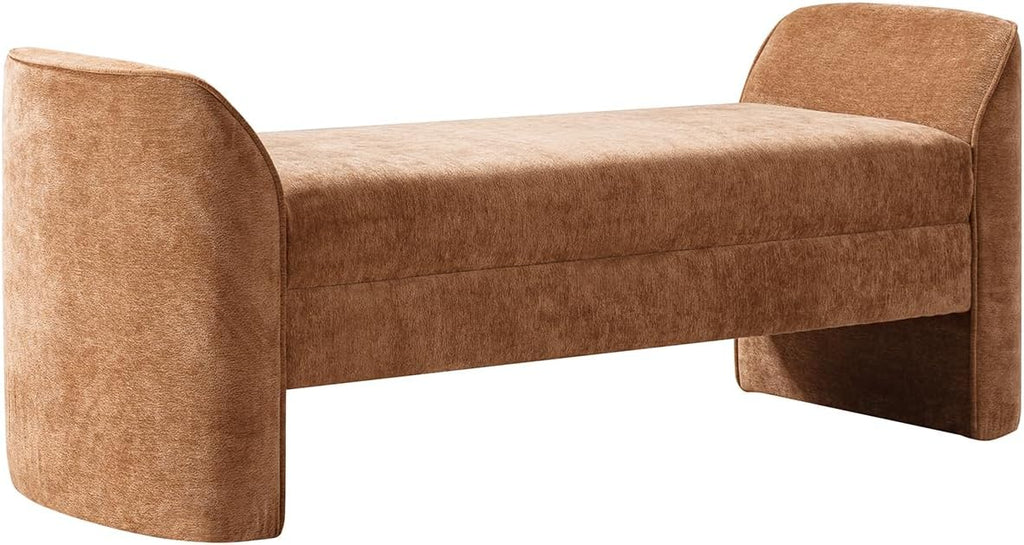 HULALA HOME 57" Modern Chenille Bench with Thick Padded Seat, Upholstered End of Bed Bench for Bedroom, Entryway & Living Room Seating, Caramel