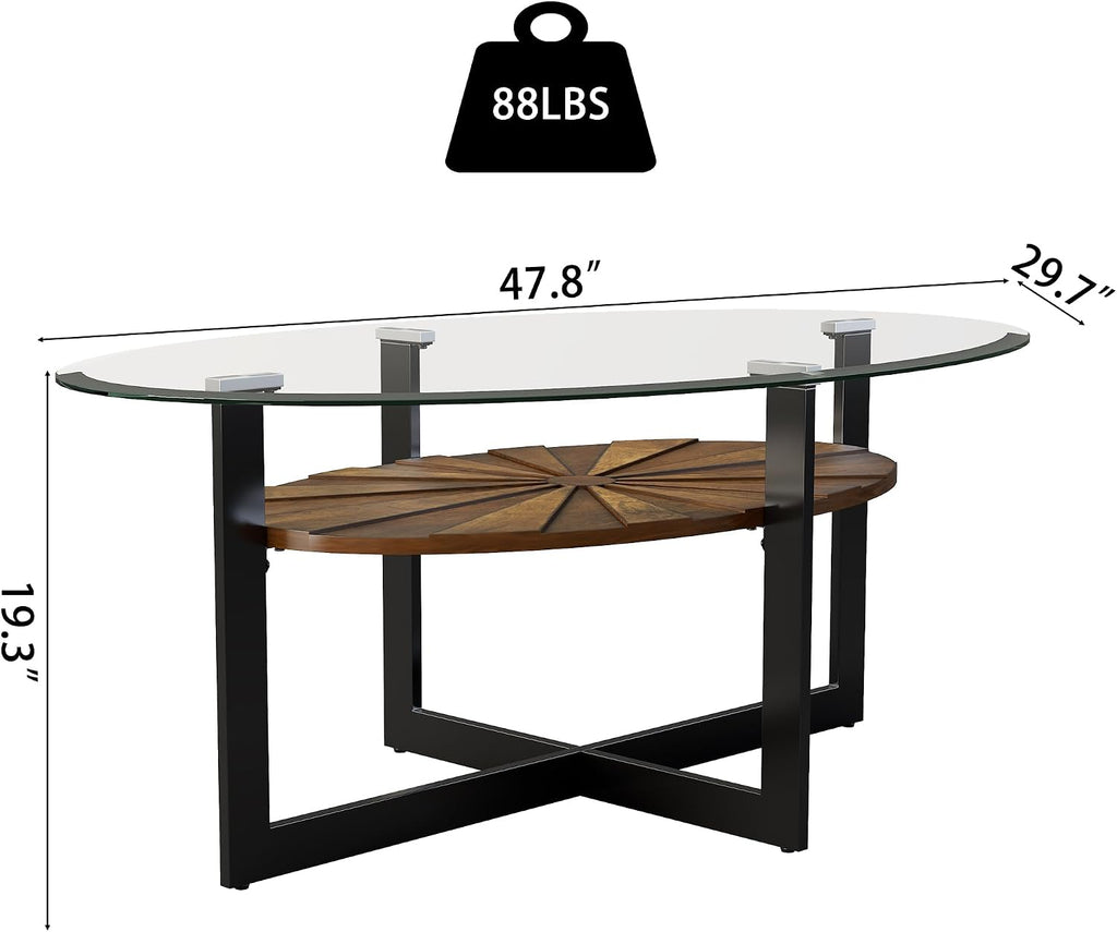 Set of 3 Living Room Tables Set -One Coffee Table and Two End Tables with Tempered Glass, 47.8" Center Table and 23.8" Beside Table with Wood Storage Shelf and Metal Leg, Brown Shelf & Black Leg B2616