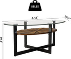 Set of 3 Living Room Tables Set -One Coffee Table and Two End Tables with Tempered Glass, 47.8" Center Table and 23.8" Beside Table with Wood Storage Shelf and Metal Leg, Brown Shelf & Black Leg B2616
