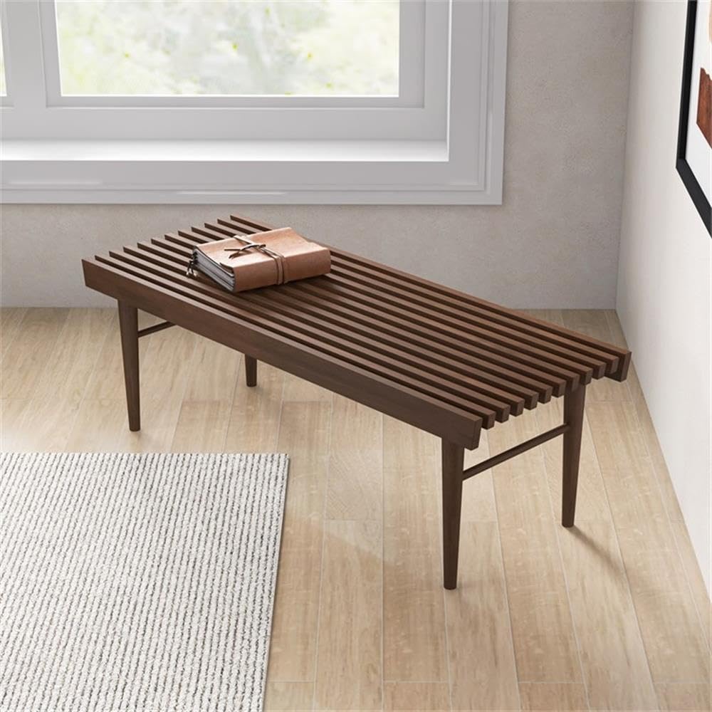 Pemberly Row 47" Mid Century Modern Rectangle Felicity Brown Teak Wood Bench Seat for Living Room, Dining Room, Bedroom, Entrance, Hallway, in Walnut Finish