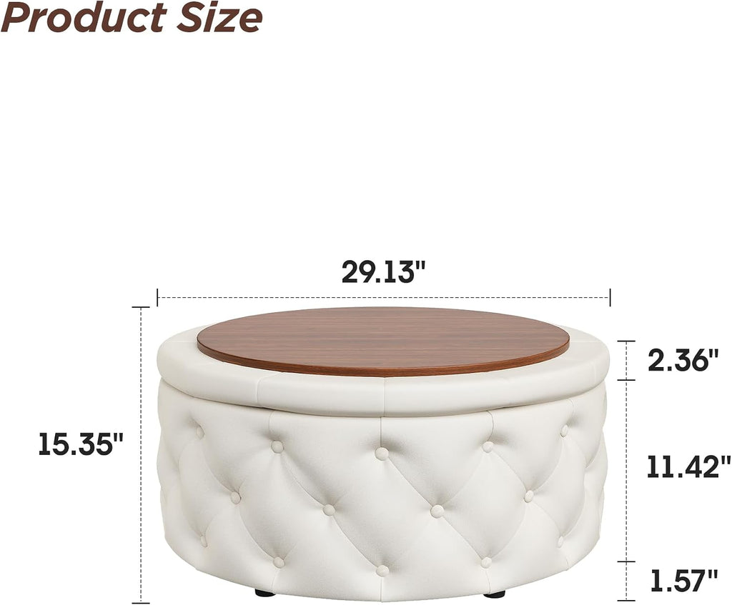 FiveWillowise 30 Inch Round Ottoman with Storage Tray,Large Coffee Table | Circle Modern Button Footstool with Removable Lid,Cozy Foot Stools for Living Room, Bedroom,Makeup Room,Cream White