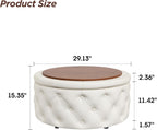 FiveWillowise 30 Inch Round Ottoman with Storage Tray,Large Coffee Table | Circle Modern Button Footstool with Removable Lid,Cozy Foot Stools for Living Room, Bedroom,Makeup Room,Cream White