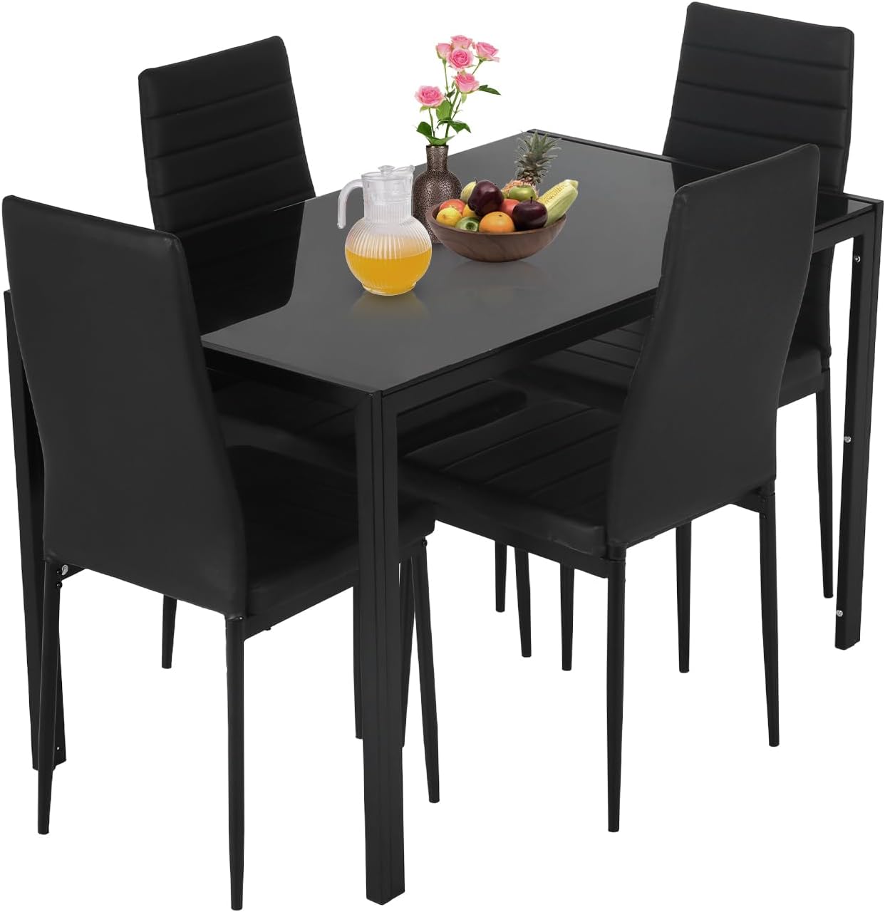 NChanmar Dining Table Set for 4 Furniture 5 Piece Faux Dining Set, Modern Kitchen Table with Upholstered PU Leather Chairs and Glass Tabletop for Breakfast Nook Small Spaces,Black