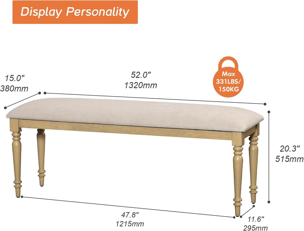 WAMPAT Farmhouse Dining Bench with Solid Wood Legs for Dining Room, Oak | Kitchen Benches with Padded Seat, Upholstered End of Bed Bench for Bedroom, Wooden Entryway Benches for Hallway, 52 Inch