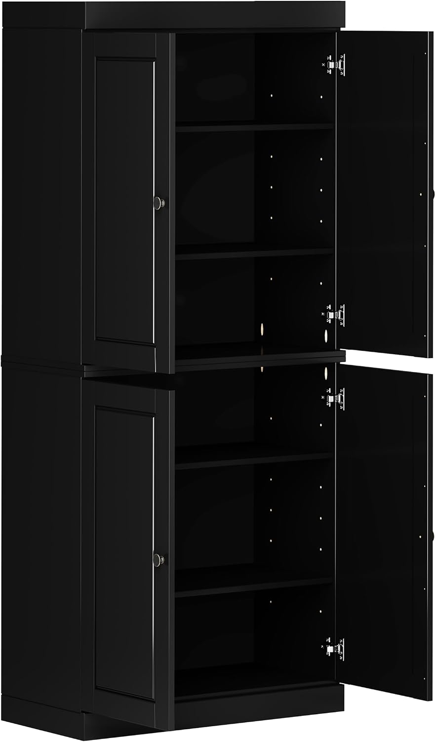 Palace Imports Solid Wood Kitchen Pantry Cabinet - 71.5" Tall x 32" Wide - Wooden Storage Cabinet with 4 Doors & Adjustable Shelves, Black, 100% Renewable Eco-Friendly Wood, Made in Brazil