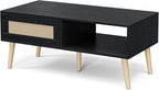 Wood Coffee Table with Storage, Boho Dining Table with Sliding Rattan Door Panel and Solid Wood Legs, Small Coffee Tables for Living Room, Oak (Black_LSJ008)