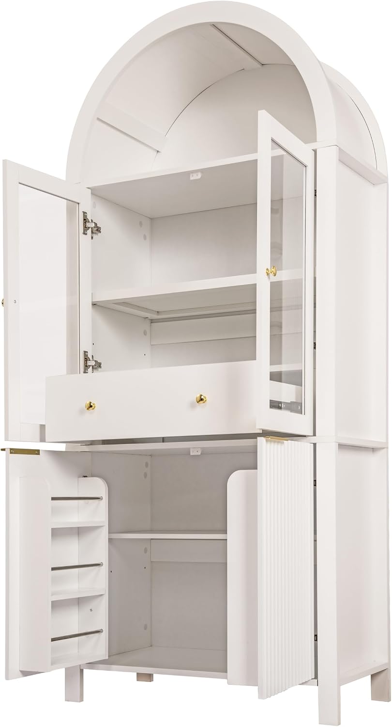 71" Fluted Tall Arched Kitchen Pantry Cabinet with Glass Doors, Farmhouse Storage Cabinet with Adjustable Shelves & Hidden Drawer, Freestanding Cupboard Console for Living Room, Dining Room (White)