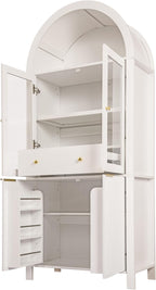 71" Fluted Tall Arched Kitchen Pantry Cabinet with Glass Doors, Farmhouse Storage Cabinet with Adjustable Shelves & Hidden Drawer, Freestanding Cupboard Console for Living Room, Dining Room (White)