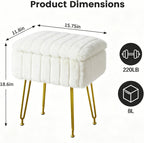 FUXA Vanity Stool Chair with Storage, Faux Fur and Metal Legs, White | Soft Padded Seat, Anti-Slip Adjustable Feet, Modern Style, Multifunctional for Bedroom and Entryway