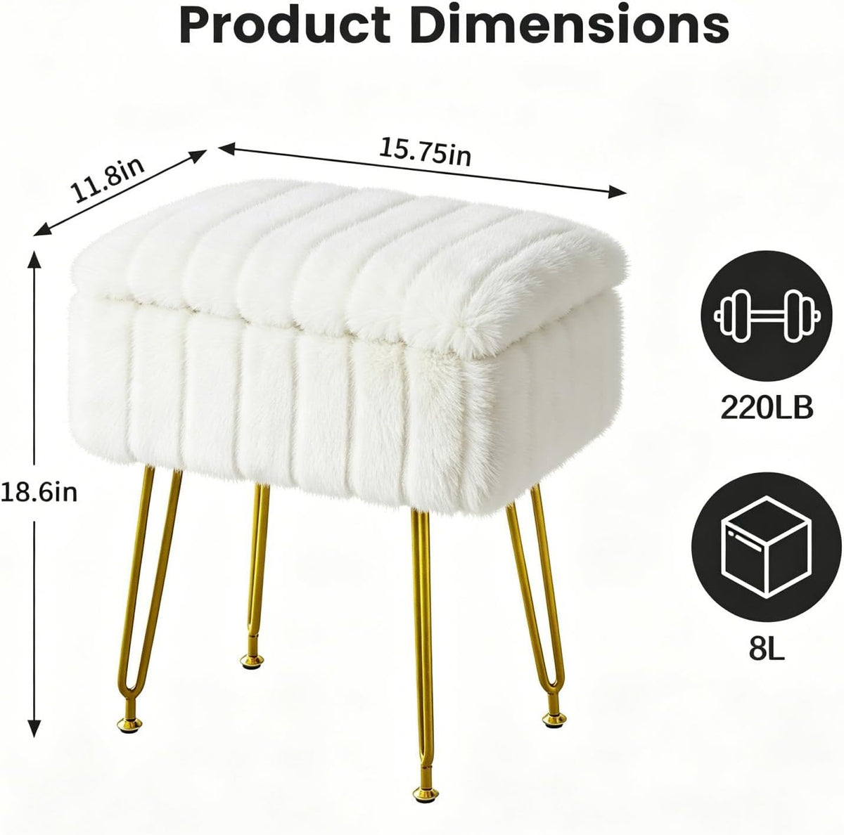 FUXA Vanity Stool Chair with Storage, Faux Fur and Metal Legs, White | Soft Padded Seat, Anti-Slip Adjustable Feet, Modern Style, Multifunctional for Bedroom and Entryway