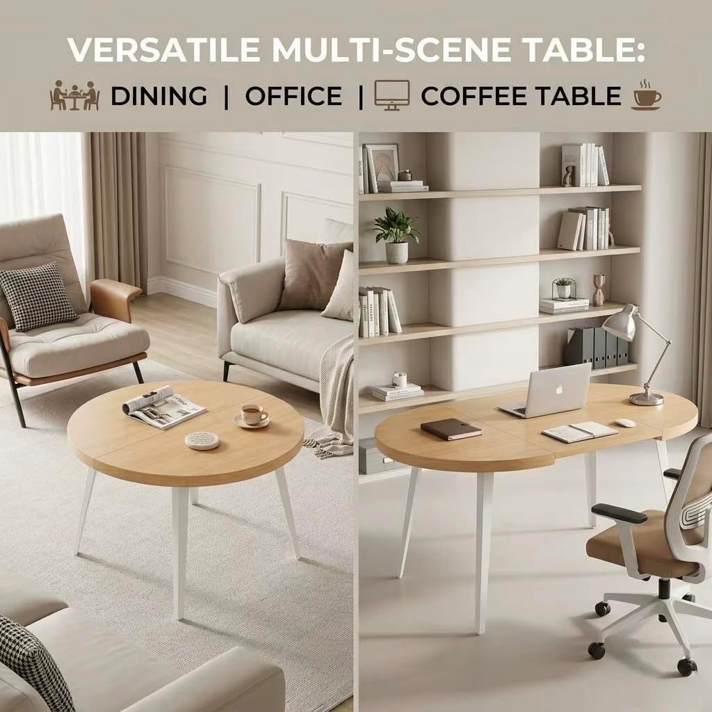 Extendable Dining Table Office Desk with Metal Legs and MDF Top, Expandable Wooden Conference Table for Home Kitchen Meeting Room, 3-Size Adjustable Modern Workstation Coffee Table in Oak Finish