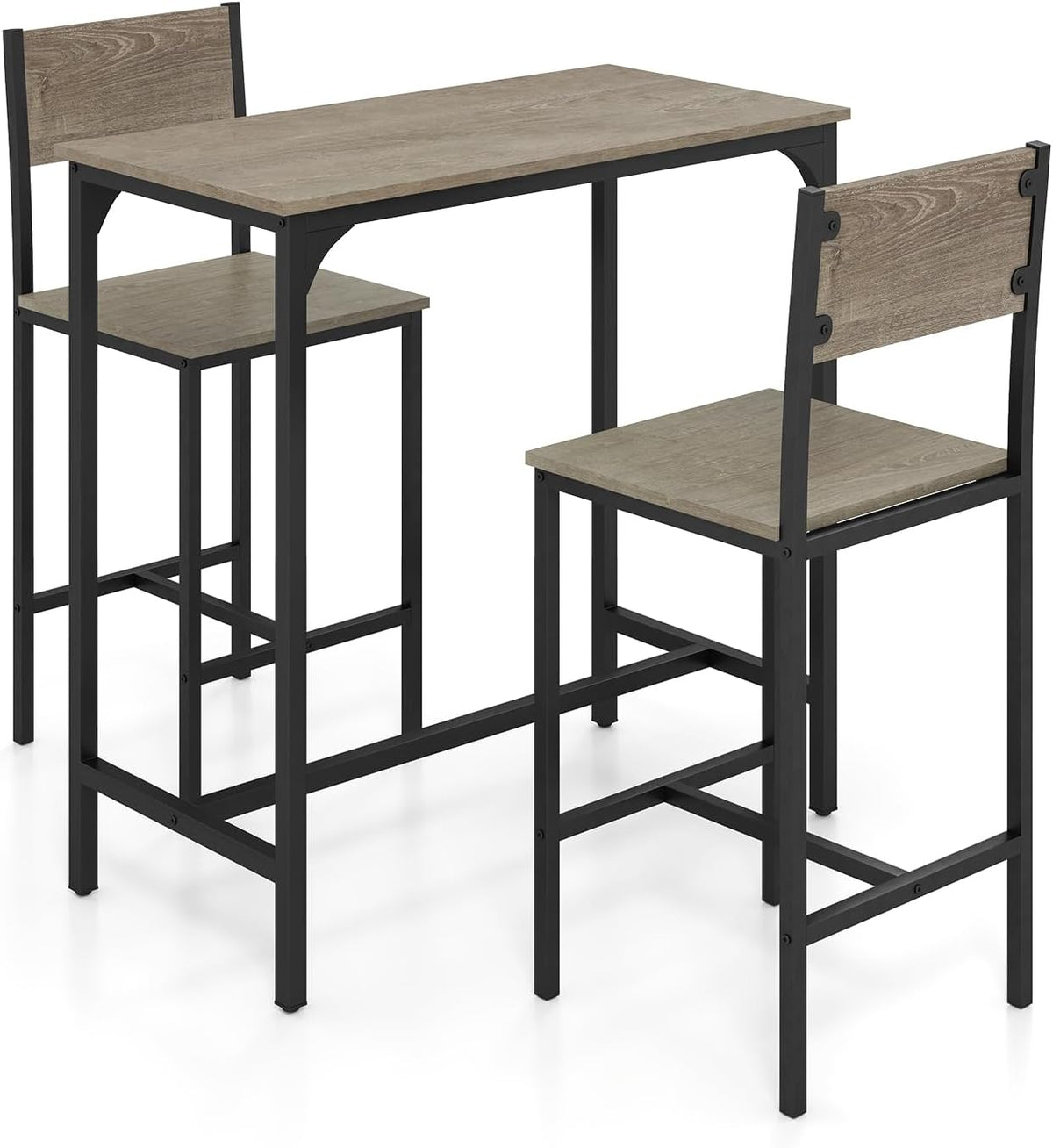 GOFLAME 3-Piece Bar Table Set, Counter Height Pub Table & 2 Barstools with Metal Frame, Industrial Space Saving Dining Set for Kitchen, Dining Room, Bistro, Restaurant, Small Space, Grey