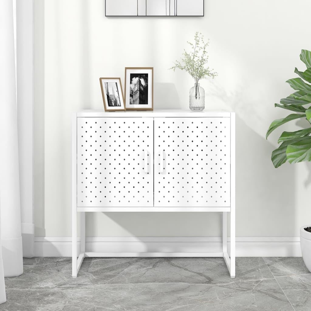 White Steel Sideboard with Adjustable Levelers, Modern Rectangular Storage Cabinet for Living Room and Dining Room, Sleek Design with Single Shelf, Sturdy Powder-Coated Steel