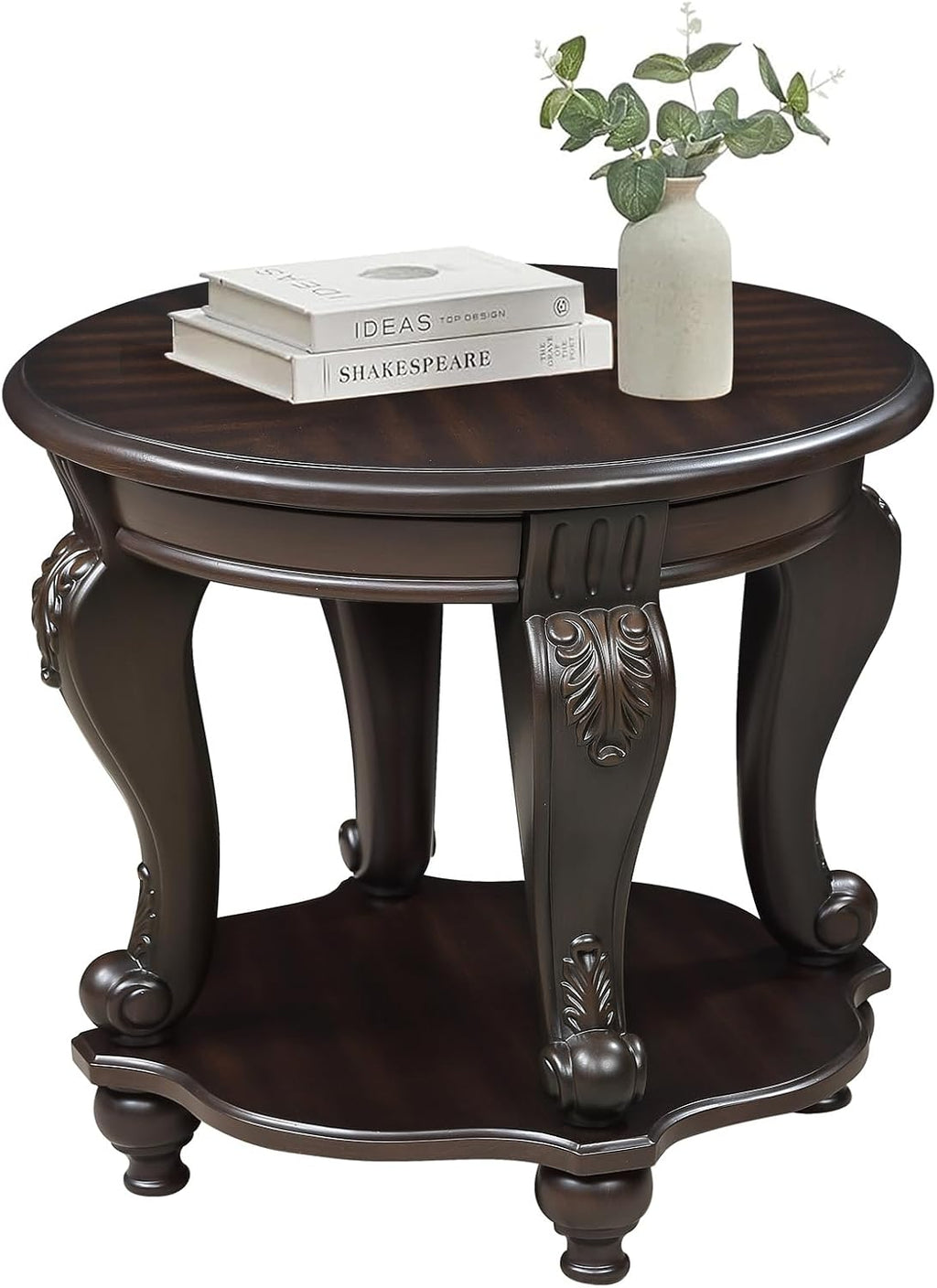 22'' Round End Table Solid Wood Sofa Side Table with Storage Shelf, Living Room Corner Table Retro Accent Table with Espresso Finish, Easy Assemble Round Bedside Table Night Stand for Small Space