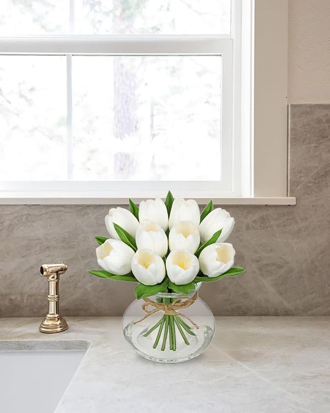 DILATATA Tulips Artificial Flowers in Vase White Fake Flowers Centerpiece with Glass Vase with Faux Water Faux Tulip Bouquet Floral Arrangement for Table Home Office Decor Wedding Thanksgiving