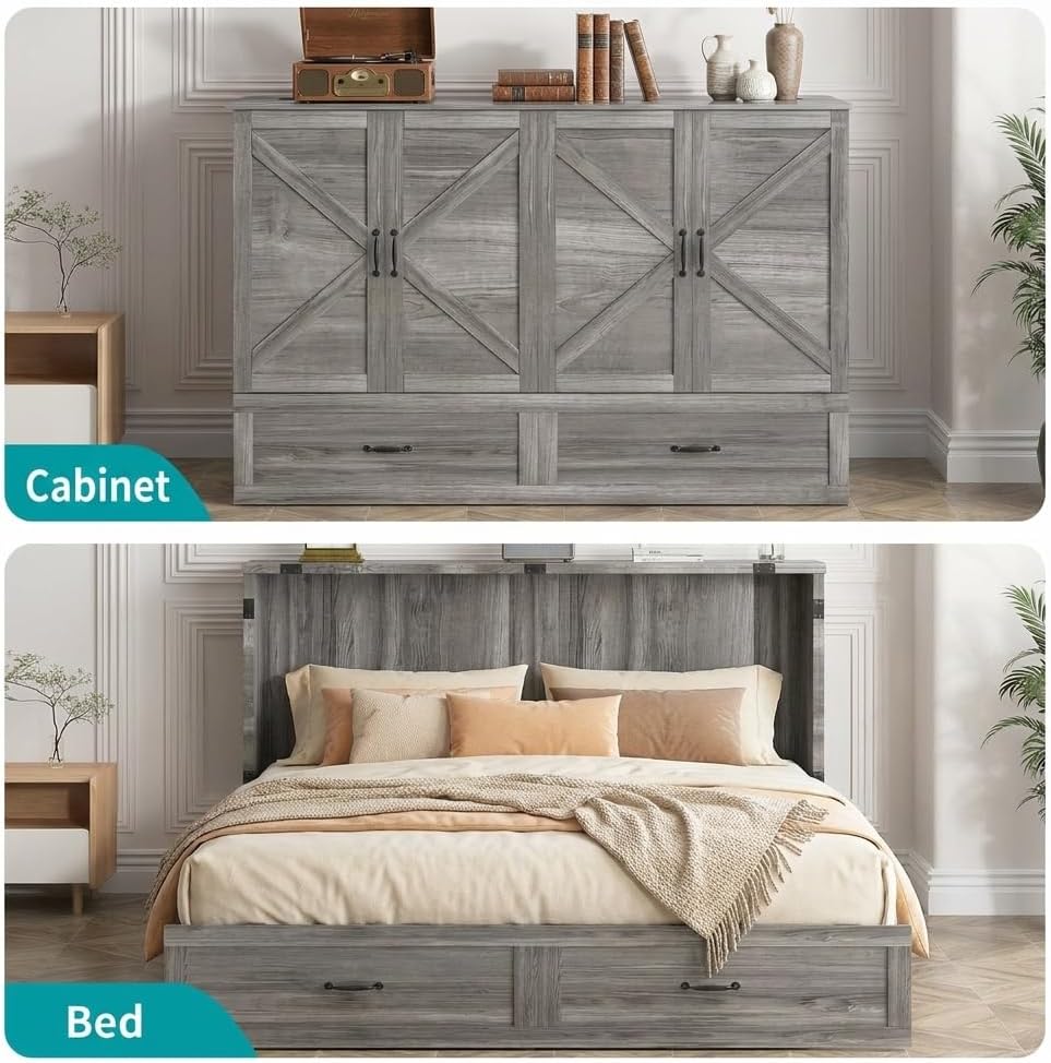 BALUS Queen Murphy Bed, Chest Murphy Bed with Built in USB Chariging Station & Storage Drawer, Solid Wood Cabinet Bed, Queen Hidden Bed for Guest/Living Room/Bedroom, No Mattress-Grey