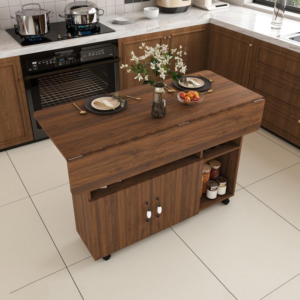 Folding Dining Table with Wheels, Drop Leaf Dinner Table with 2-Layer Storage, Space Saving Table for Small Spaces, Kitchen, Dining Room (Walnut)