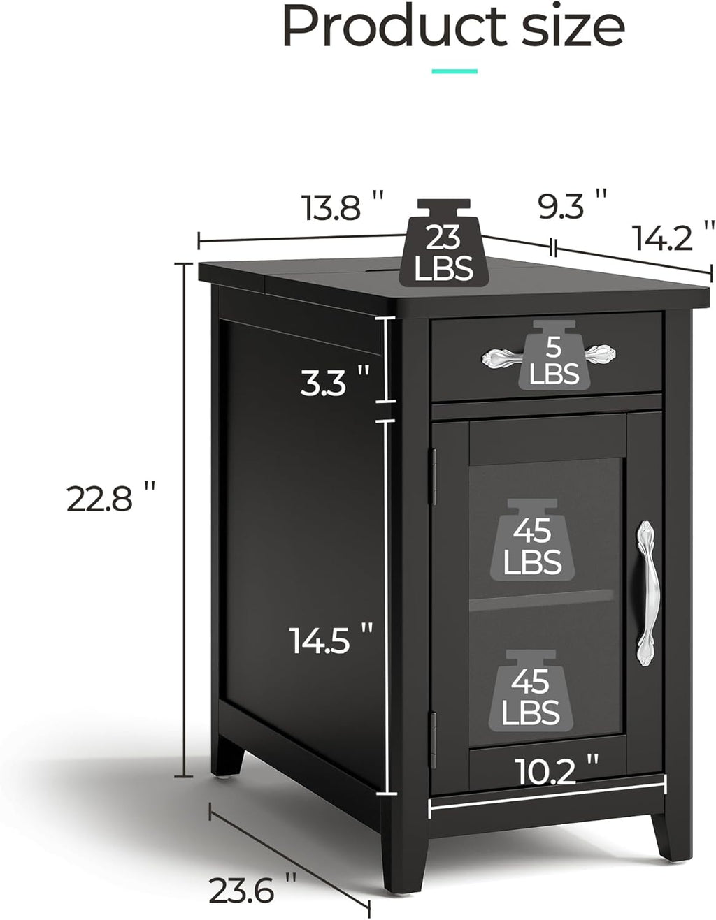 LINSY Home End Table with Charging Station, Updated Farmhouse Flip Top Side Table with Cup Holder, Storage Drawer and Glass Door, Wooden Narrow Bedside Nightstand for Living Room, Bedroom, Black