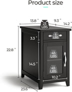 LINSY Home End Table with Charging Station, Updated Farmhouse Flip Top Side Table with Cup Holder, Storage Drawer and Glass Door, Wooden Narrow Bedside Nightstand for Living Room, Bedroom, Black