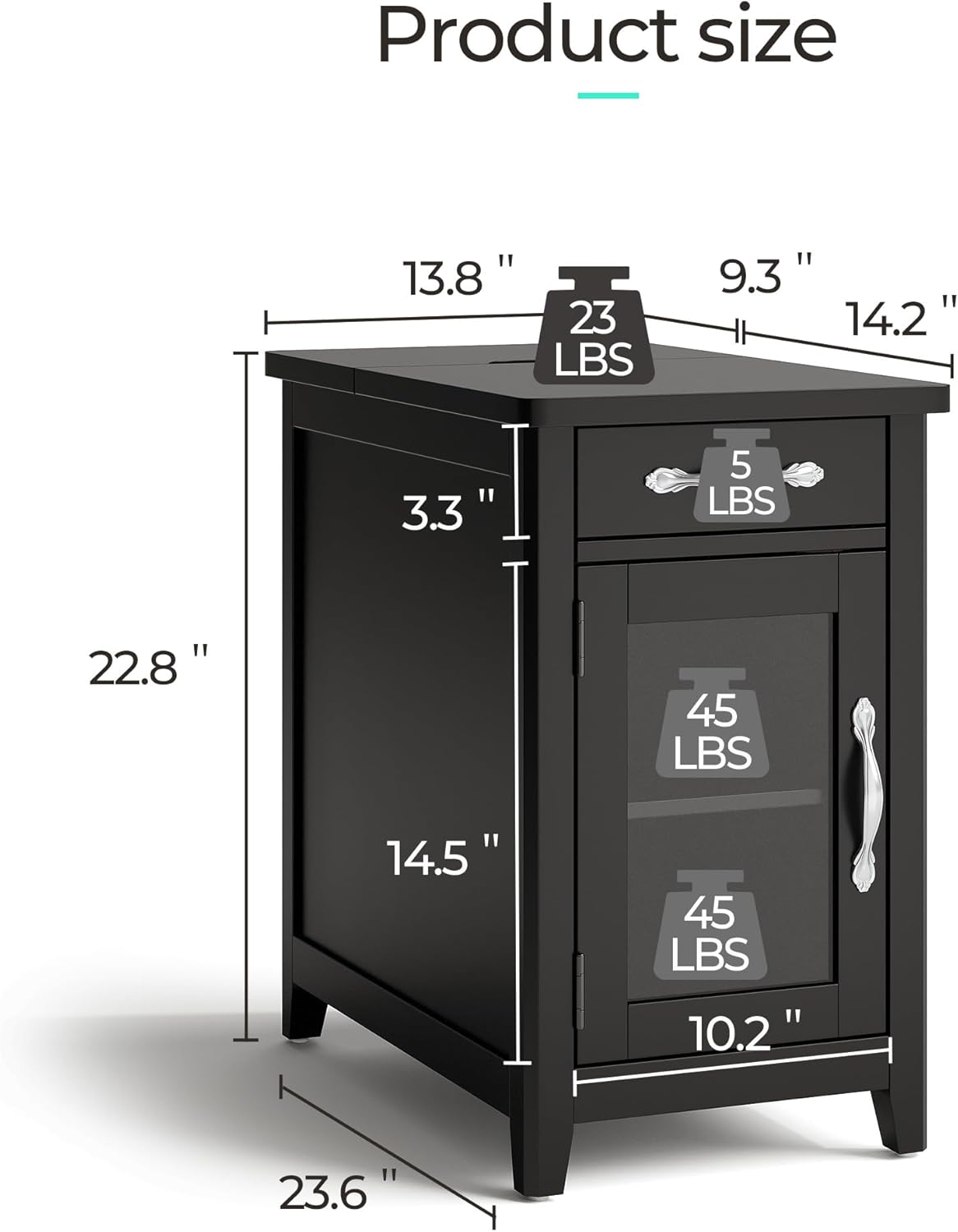 LINSY Home End Table with Charging Station, Updated Farmhouse Flip Top Side Table with Cup Holder, Storage Drawer and Glass Door, Wooden Narrow Bedside Nightstand for Living Room, Bedroom, Black