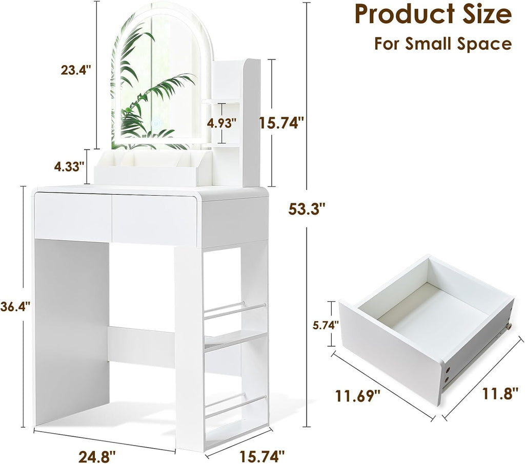 Vanity, Small Vanity Desk with Mirror and Lights, Side Shelf Storage Space, Compact Girls Dressing Table in Bedroom, Modern Round Curved Design, White